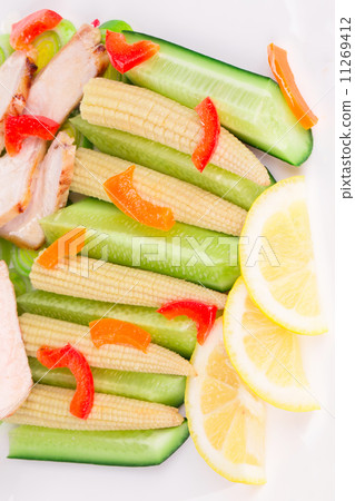 Close up of meat salad with vegetables. 11269412