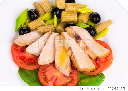 Warm meat salad with vegetables. 11269415