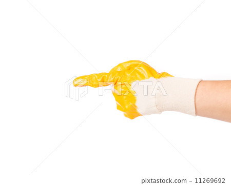 Hand in rubber glove showing one. 11269692