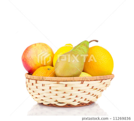 Wicker basket with fruits. Wicker basket with fruits. 11269836