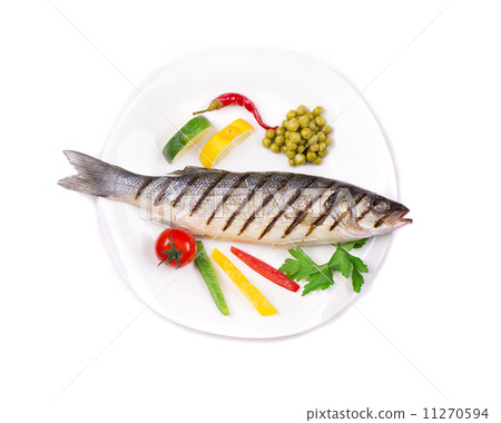 Grilled seabass with vegetables on plate. Grilled seabass with vegetables on plate. 11270594