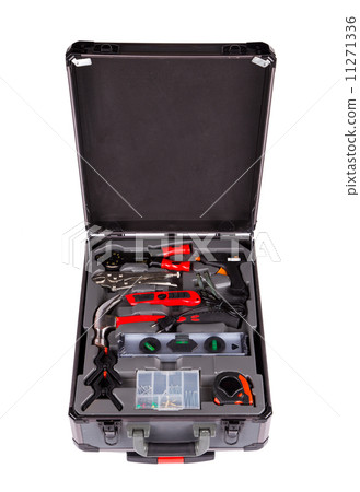 Suitcase full of various tools. Isolated on white 11271336