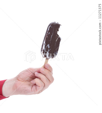 Hand holds chocolate ice cream. Hand holds chocolate ice cream. 11271375