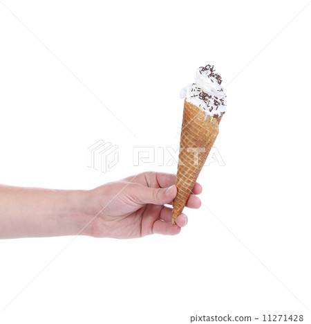 Hand holds cone vanilla ice cream. 11271428