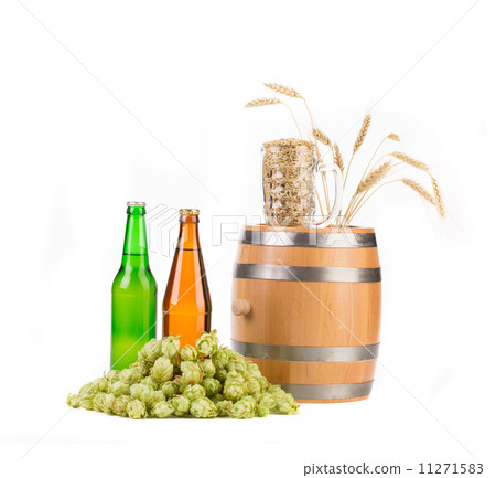 Barrel mug with hops and bottles of beer. Barrel mug with hops and bottles of beer. 11271583