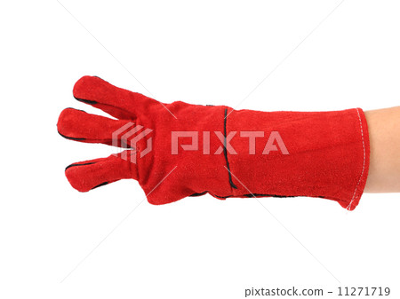 Three fingers in heavy-duty red glove. 11271719