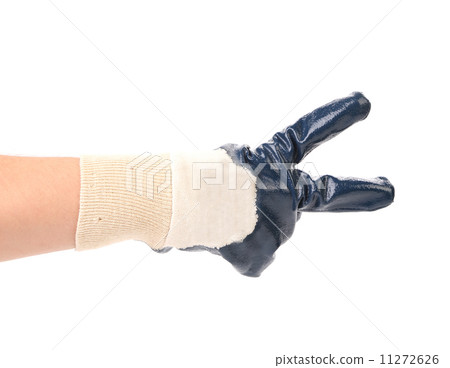 Hand shows two in rubber glove. Hand shows two in rubber glove. 11272626