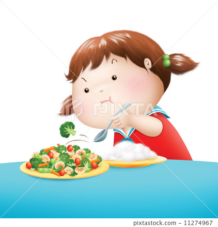 little girl throw broccoli out of her dish illustration 11274967