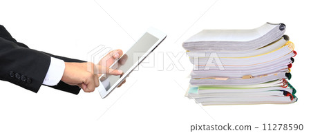 Stack paper folders and finger pointing to tablet isolated 11278590