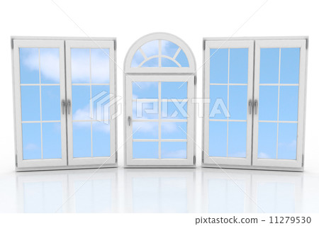 Closed plastic windows wiht sky on white 11279530