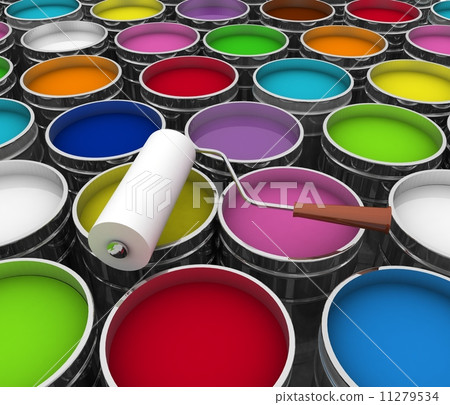 Open buckets with a paint and roller 11279534