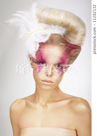 Faceart. Blonde with Skin Colored Pink, False Lashes and White Feather 11282132
