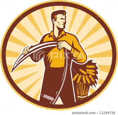 Farmer with scythe and wheat crop 11284738
