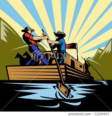 Cowboy man steering flatboat along river 11284857