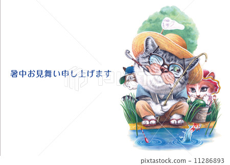 Dad fishing fishing Cat and children's hot weather sympathy 11286893