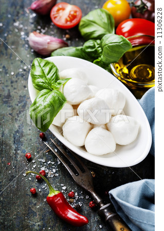 Mozzarella with tomatos and basil leaves Mozzarella with tomatos and basil leaves 11306228