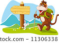 Funny cartoon monkey tourist hiking mountains, wooden signboard, copy space. Vector   illustration 11306338