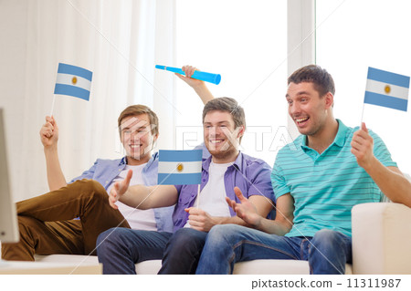 happy male friends with flags and vuvuzela happy male friends with flags and vuvuzela 11311987