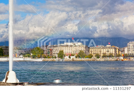 view of city of Geneva, the Leman Lake and the Water Jet, in Switzerland, Europe 11331297