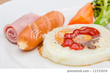 Fried egg with sausage and ham Fried egg with sausage and ham 11333934