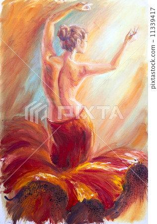 Beautiful dancing woman in red. Oil painting. Beautiful dancing woman in red. Oil painting. 11339417