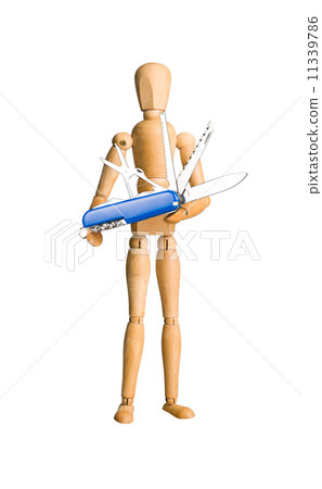 Wooden mannequin holding swiss knife 11339786