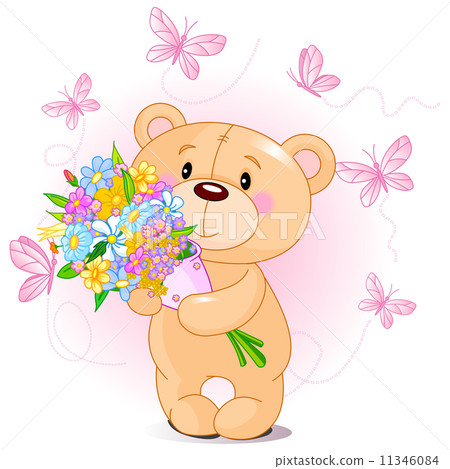 Pink Teddy Bear with flowers 11346084