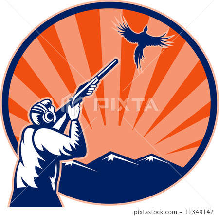 Hunter aiming shotgun rifle at bird pheasant 11349142