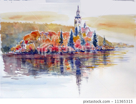 Watercolor painting of Lake Bled in Slovenia 11365315