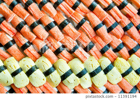 background of sushi with egg and Imitation Crab Stick 11391194