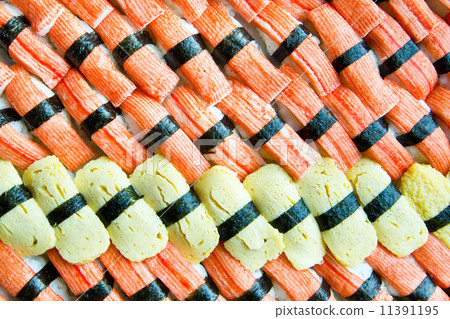 background of sushi with egg and Imitation Crab Stick 11391195