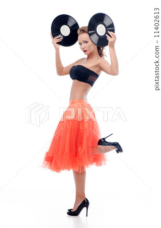 Attractive woman with vinyl disc Attractive woman with vinyl disc 11402613