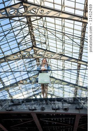 young woman standing on glazed balcony at airport terminal young woman standing on glazed balcony at airport terminal 11412489