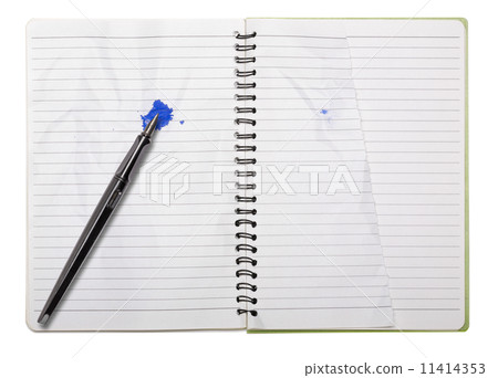 used blank note book with ring binder, tattered page  and founta 11414353