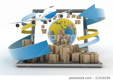 Cardboard boxes around the globe on a laptop screen and airplane 11418294