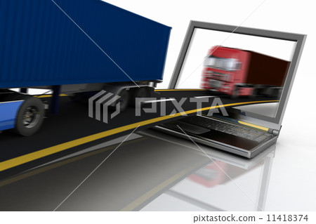 Trucks on freeway coming out of a laptop 11418374