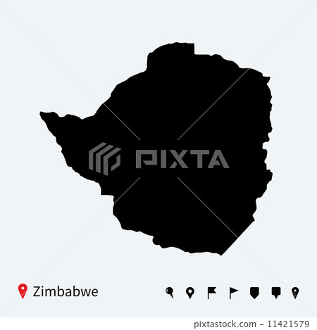 High detailed vector map of Zimbabwe with navigation pins. 11421579