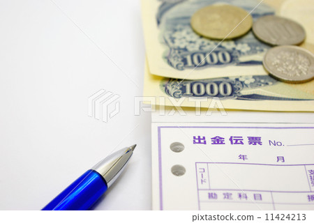 Withdrawal slip, cash and ballpoint pen 11424213