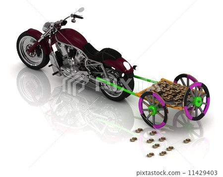New motorcycle carries varicoloured old wagon cart with gold 11429403