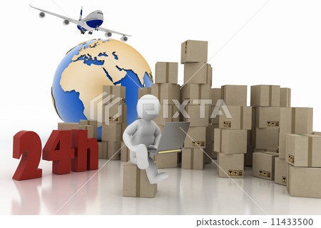 Man with laptop sitting on box , executing online delivery of goods in stream 24 hours 11433500