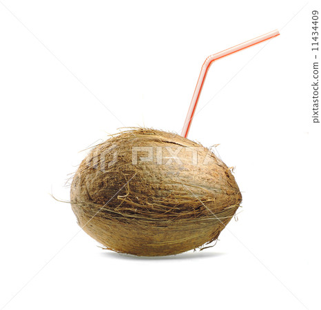 coconut on white background with cocktail straw coconut on white background with cocktail straw 11434409