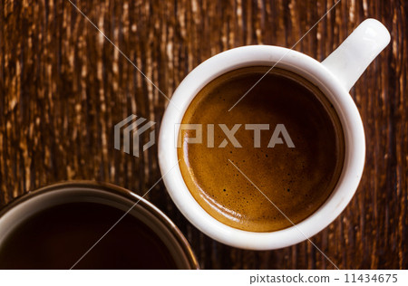 White cup of coffee and tea on wooden background 11434675