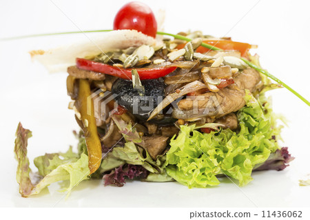 salad with vegetables and meat on a white background in the restaurant salad with vegetables and meat on a white background in the restaurant 11436062