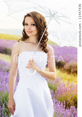 Beautiful bride posing at field of lavender 11447436