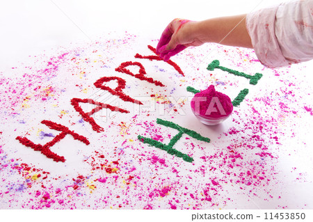 Hand writing HAPPY Holi with gulal over white background Hand writing HAPPY Holi with gulal over white background 11453850