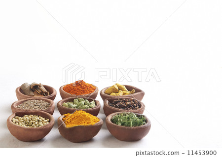 Variety of Indian spices in oil lamps over white background 11453900