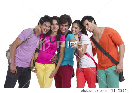Happy university students taking picture of themselves on white background 11453924
