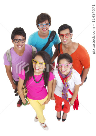 High angle portrait of university friends wearing colorful glasses on white background High angle portrait of university friends wearing colorful glasses on white background 11454571