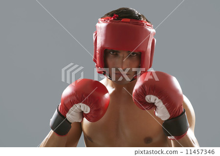 Portrait of Indian male boxer wearing gloves and head protector isolated over gray background Portrait of Indian male boxer wearing gloves and head protector isolated over gray background 11457346