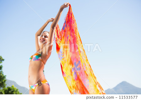 Beautiful brunette in bikini holding sarong up Beautiful brunette in bikini holding sarong up 11533577